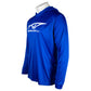 Side of a royal blue hooded long sleeve with a white tidewater logo on the chest.