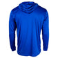 Back of a royal blue hooded long sleeve shirt.