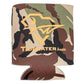 Camo-patterned can coozie with an orange Tidewater boats logo