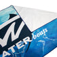 Close-up of a microfiber beach towel with tidewater branding on front and white back.