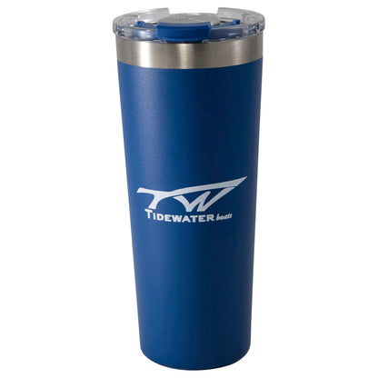 A blue insulated tumbler with a clear plastic lid, featuring the Tidewater logo in white on the side. 