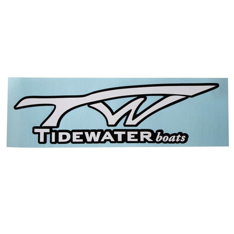 White Tidewater Boats logo outlined in black on a light blue background
