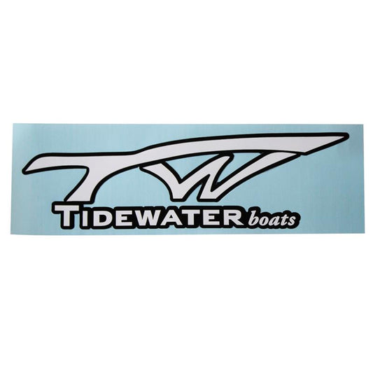 White Tidewater Boats logo outlined in black on a light blue background