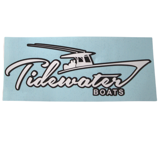 Decal of a white Tidewater Boats logo and a silhouette of a boat with a black outline.