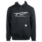 Front of a black hoodie with a distressed white tidewater logo on it.. 