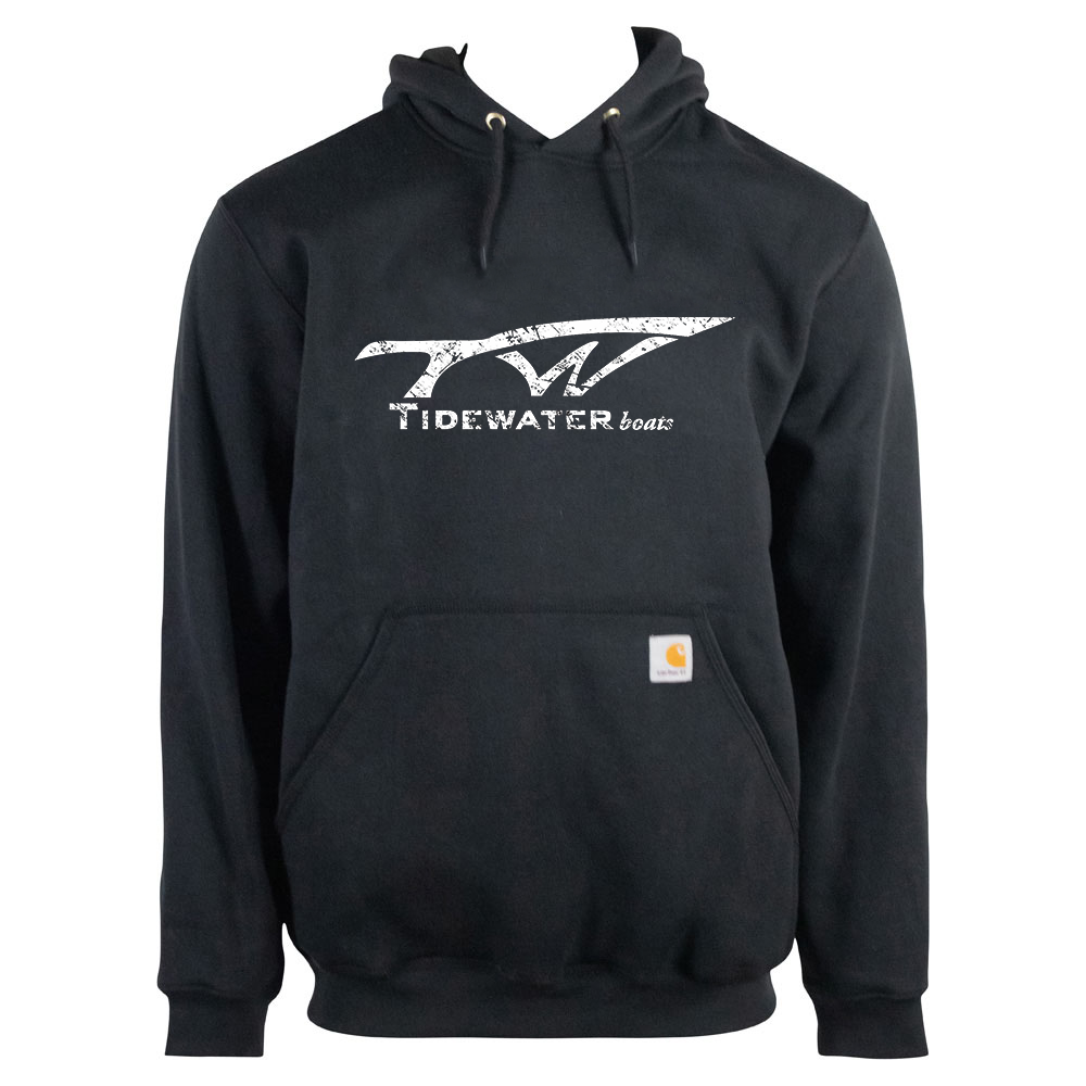 Front of a black hoodie with a distressed white tidewater logo on it.. 