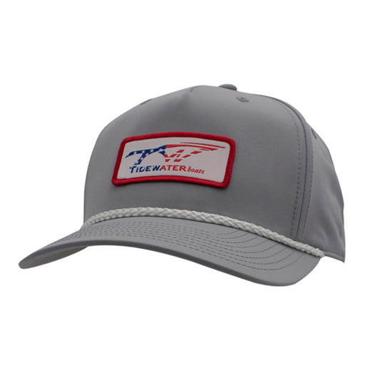 Gray cap with a red, white and blue Tidewater Boats logo patch and white braided rope detail across the bill.