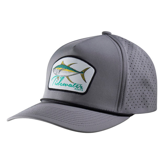 Gray cap with a white patch containing a green fish and tidewater logo on the front.