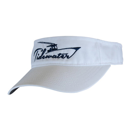 White visor hat with a navy 'Tidewater' logo.