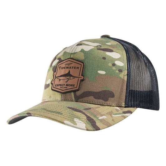 Camouflage baseball cap with a black mesh back and tidewater branded leather patch.